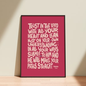 Proverbs 3:5-6, pink, Trust In The Lord Bible Verse, Printable Wall Art, Christian Wall Decor, Proverbs 3 5 6