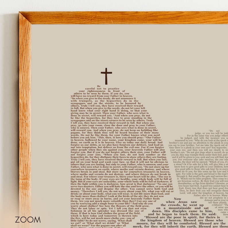 May include: A vintage-style print of a passage from the Bible, Matthew 6:1-34, with the text "Be careful not to practice your righteousness in front of others to be seen by them. If you do, you will have no reward from your Father in heaven."  The print is framed in a light brown wood frame.