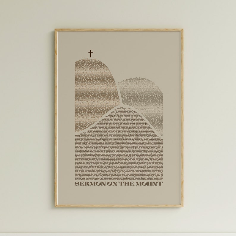May include: A beige poster with a brown outline of two mountains, formed by the text of the Sermon on the Mount. The text is in a serif font and the title "Sermon on the Mount" is at the bottom of the poster.