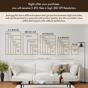 May include: A white sofa with a black coffee table in front of it. The wall behind the sofa has a chart showing different aspect ratios for printing images. The chart includes measurements in inches and centimeters. The text on the chart reads "Right after your purchase, you will receive 5 JPG files in high 300 DPI Resolution. Each jpg file has a different aspect ratio (proportion between high and wide) and can be printed to a max size with perfect quality, but also in smaller sizes within that aspect ratio without quality loss."