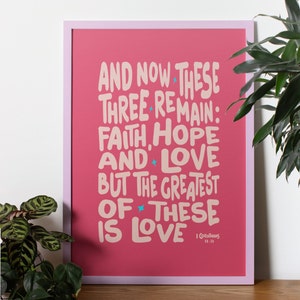 1 Corinthians 13:13, Faith Hope Love, pink, Christian wall art, Instant Download, bible verses, wedding christian gift, printable