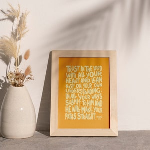 Proverbs 3:5-6, yellow, Trust In The Lord Bible Verse, Printable Wall Art, Christian Wall Decor, Proverbs 3 5 6