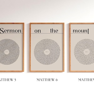 May include: Three framed prints with a light beige background and wooden frames. Each print features a circular design of text, with the words "Sermon on the mount" above and "Matthew 5, 6, 7" below.