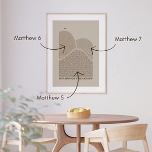 May include: A beige framed print with the text "SERMON ON THE MOUNT" and three sections labeled "Matthew 5", "Matthew 6", and "Matthew 7".
