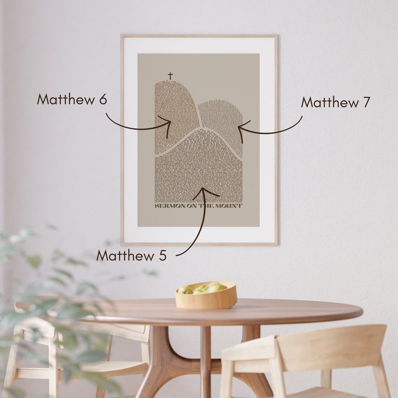May include: A beige framed print with the text "SERMON ON THE MOUNT" and three sections labeled "Matthew 5", "Matthew 6", and "Matthew 7".