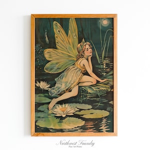 Vintage Lilypad Fee Postkarte Illustration | Fairycore Storybook zum Ausdrucken | Fantasy Wandkunst Digitaler Download