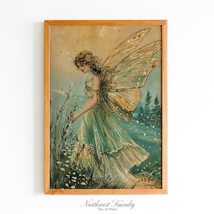 Vintage grüne Feen-Postkarten-Illustration | Märchenbuch zum Ausdrucken | Wandkunst digitaler Download
