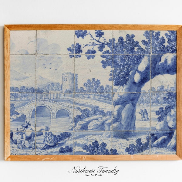 Delft Blue Tile Dutch Landscape from the 18th Century – Antique Dutch Golden Age Wall Art Print