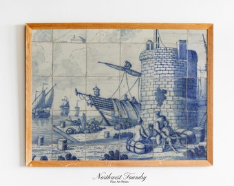Delft Blue Tile Wall Art from the 18th Century – Antique Dutch Golden Age Harbor Scene