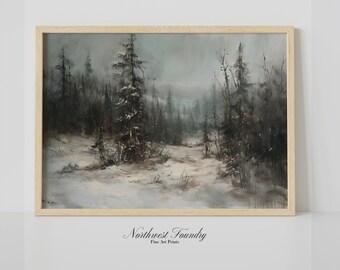 Moody Snowy Landscape Vintage Digital Print Download, Oil Painting