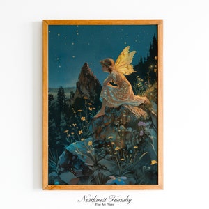 Ilustración de postal de hada nocturna brillante, Libro de cuentos de hadas vintage para imprimir, Descarga digital de arte de pared
