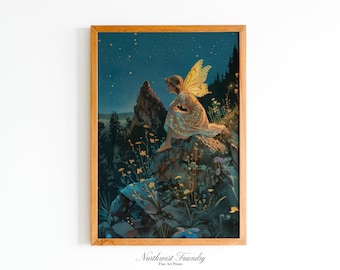 Glowing Night Fairy Postcard Illustration | Vintage Fairytale Storybook Printable | Wall Art Digital Download