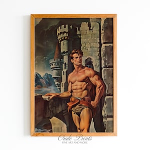 Shirtless Male Fantasy Model in Castle Muscular Gay Hero Illustration | Vintage LGBT Magazine Printable | Wall Art Digital Download