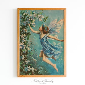 Vintage blaue Fee Postkarte Illustration | Märchen Märchenbuch Printable | Wall Art Digitaler Download