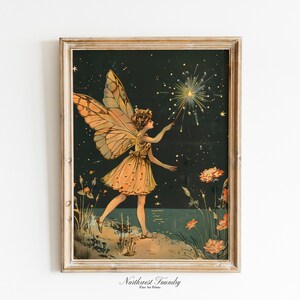Vintage funkelnde Feen-Postkarten-Illustration | Märchenbuch zum Ausdrucken | Wandkunst digitaler Download