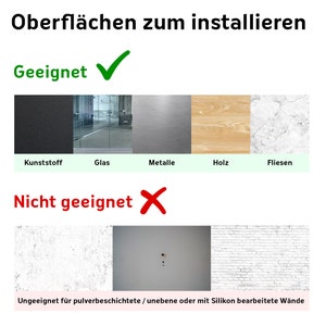 Puede incluir: Un gr&aacute;fico que muestra las superficies adecuadas y no adecuadas para la instalaci&oacute;n. Las superficies adecuadas incluyen pl&aacute;stico, vidrio, metal, madera y azulejos. Las superficies no adecuadas incluyen paredes texturizadas, irregulares o tratadas con silicona.
