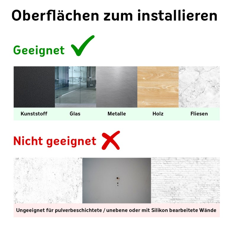 Puede incluir: Un gr&aacute;fico que muestra las superficies adecuadas y no adecuadas para la instalaci&oacute;n. Las superficies adecuadas incluyen pl&aacute;stico, vidrio, metal, madera y azulejos. Las superficies no adecuadas incluyen paredes texturizadas, irregulares o tratadas con silicona.