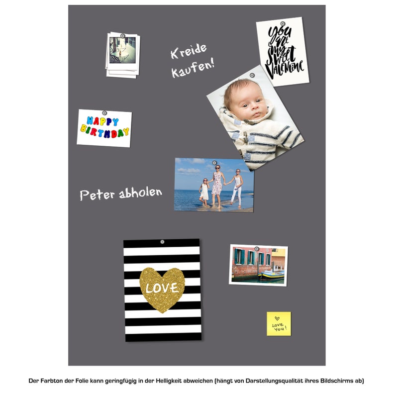 May include: A gray magnetic board with various photos and notes attached. The photos include a baby, a family by the ocean, a canal in Venice, and a close-up of a person. The notes include "Happy Birthday", "Peter abholen", "Kreide Kaufen!" and "You are Sweet Valentine". There is also a black and white striped card with a gold glitter heart that says "LOVE".