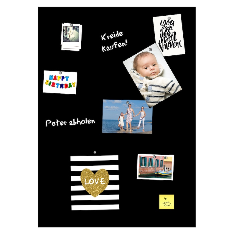 May include: A black magnetic board with various items pinned to it, including photos, a heart with the word "LOVE" on it, and a note that says "Kreide Kaufen!" (German for "Buy Chalk!").