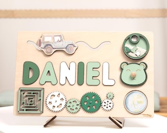 Wooden Busy Board: Wooden Sensory Toy, First Birthday Gift