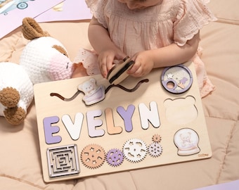 Personalized Montessori Busy Board, Custom Name Wooden Activity Toy, Toddler Baby Shower Gift