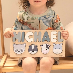 Animal Name Puzzle – Personalized Wooden Puzzle for Kids – Custom Baby Gift – Montessori Animal Toy – First Birthday Gift