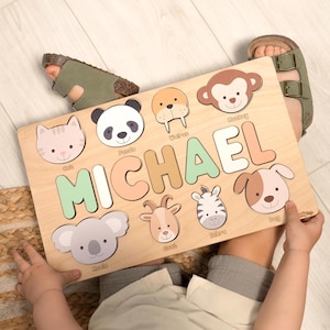 Personalized Wooden Name Puzzle with Animals: Montessori Toy