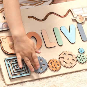 Busy Board, Baby Gift Personalized, Wooden Toys, Montessori Board 2 Years Old, Name Puzzle, 1st Birthday Gift,  Christmas Gifts For Kids