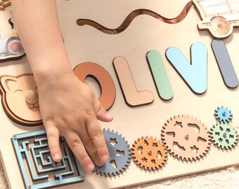 Personalized Busy Board: Wooden Name Puzzle, Sensory Toy