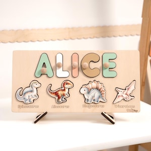 Personalized Dinosaur Name Puzzle – Custom Wooden Toddler Toy, Montessori Learning Gift, Jurassic Nursery Decor, First Birthday Keepsake