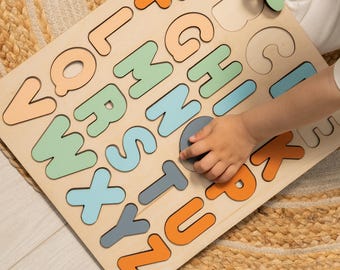 Wooden Alphabet Puzzle: Montessori ABC Learning Board, Handmade