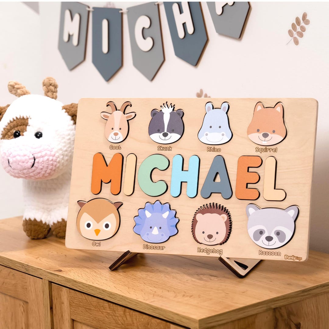 Personalized Wooden Name Puzzle, Montessori Animal Toy, Custom Baby ...