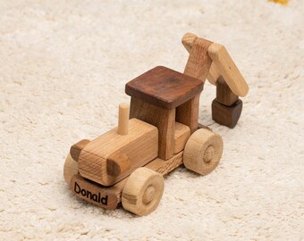 Wooden Toy Excavator, Handcrafted Toys, Personalized with Name Engraving