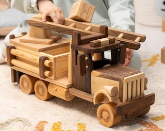 Handmade Wooden Fire Truck Toy, Montessori Truck for Kids