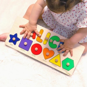 Wooden Name Puzzle with Shapes & Numbers / PERSONALIZED
