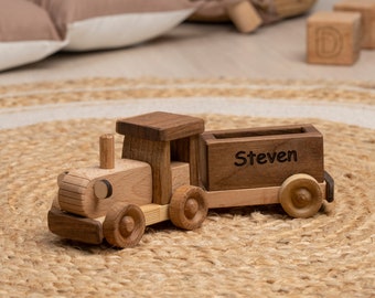 Handmade Tractor with Cargo Trailer, Wooden Toys / PERSONALIZED