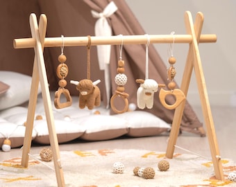 Highland Cow Baby Gym, Wooden Play Gym, Crocheted Sensory Toys, Boho Nursery Decor
