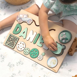 Personalized Busy Board, Montessori Board 2 Years Old, Baby Gift Wooden Toys, Name Puzzle