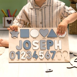 Gray Name Puzzle with Shapes & Numbers for Boys / PERSONALIZED