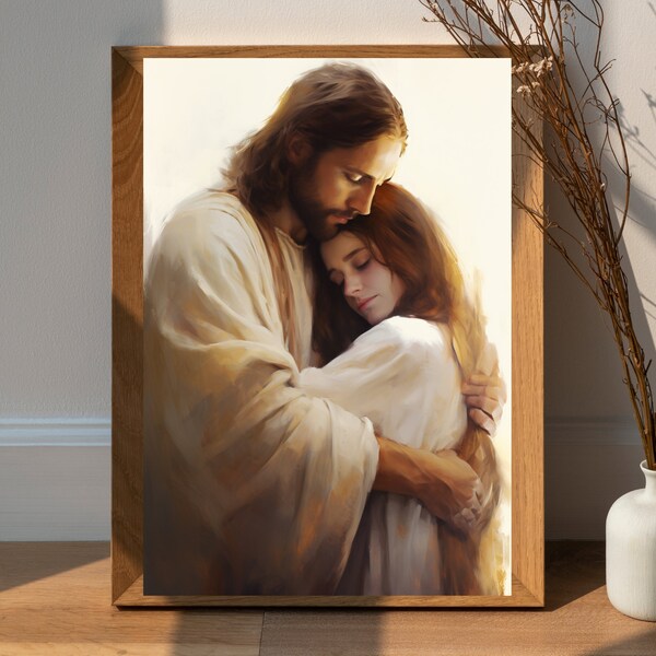 Safe in His Arms | Peace in Christ | Jesus Embracing Woman | Christian Art | Bible Painting Wall Art | Jesus Painting | Catholic art