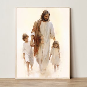Jesus playing with Children, Kids, Jesus Portrait, Jesus painting, Jesus art, Jesus wall art, white Jesus, Jesus Watercolour, Home Decor