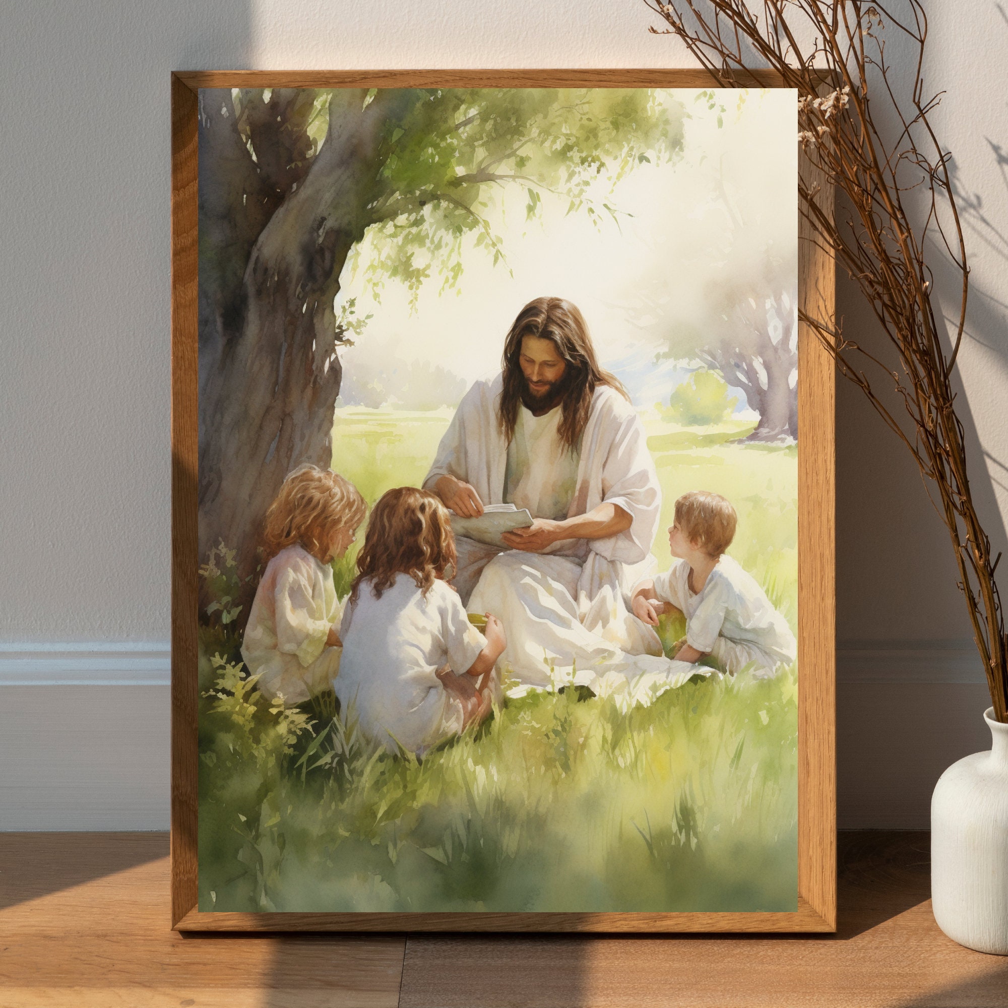 Jesus Sitting with Children, Jesus Portrait, Jesus painting, Jesus print, Jesus wall art, white Jesus, Jesus watercolor,Jesus home decor