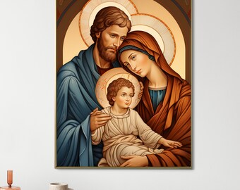 Holy Family Digital Print, Nativity Scene Art, Blessed Virgin Mary and baby Jesus, Catholic Art, Christian digital download, Christian art