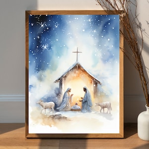 TÉLÉCHARGEMENT NUMÉRIQUE de la crèche de la naissance de Jésus, art mural imprimable de Noël, impression numérique, peinture à l'aquarelle de la Bible, cadeau foi chrétienne
