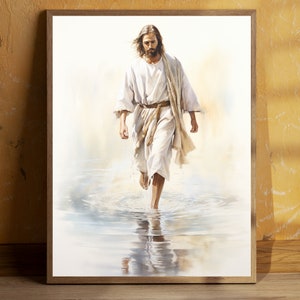 Jesus Christ Walking on Water, Christian Art, Digital Jesus Portrait, I Will Walk With Christ LDS, Jesus Oil Painting, Bible Verse Wall Art