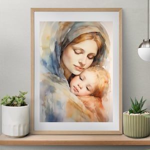 Blessed Virgin Mary with the Child Jesus, Watercolor print, instant digital download, catholic wall art, christian home decor, Mother Mary