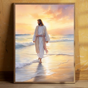 Jesus Christ Walking on Water, Christian Art, Digital Jesus Portrait, I Will Walk With Christ LDS, Jesus Oil Painting, Bible Verse Wall Art