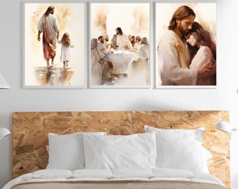 Jesus Walking on Water Art Prints Set of 3 Cross Crucifixion Jesus Boho Catholic wall  Portrait Christian Prayer Painting Baptism Gift