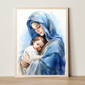 Blessed Virgin Mary with child, Watercolor Poster, Mary Mother of God Poster, Catholic Watercolor Art, Mary and Baby Jesus, Digital Download