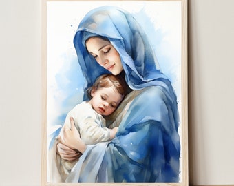 Blessed Virgin Mary with child, Watercolor Poster, Mary Mother of God Poster, Catholic Watercolor Art, Mary and Baby Jesus, Digital Download